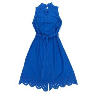 NEW Linen Belted Midi Button Down Shirt Dress Eyelet Embroidered Blue Plus 1X